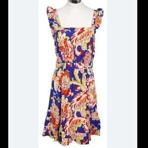 Tory Burch Blue Peach Multi Silk Sleeveless Ruffle with Floral